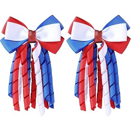Independence Day Hair Bow Clips 3 Inch Red White Blue Curly Ribbon Hair Clips Handmade School Girls Hair Accessories for 4th of July