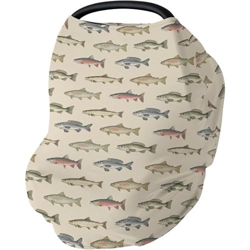 Lake Fishing Car Seat Cover for Baby Freshwater Fishes Stretchy 5-in-1 Covers Adjustable Infant Carseat Canopy Cover Fishing Lover Gift Breathable Nursing Cover-Up