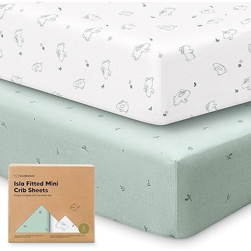 Pack and Play Sheets Fitted - 2-Pack Mini Crib Sheets for Pack N Play Mattress 38x26, Soft & Cozy, Neutral Toddler Playard Bedding, Snug Fitted Mini Baby Crib Mattress Cover Boy, Girl (Bunnies)