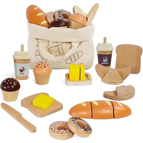 PairPear Wooden Bakery Toy Food Playset,Kids Pretend Play Food Kitchen Accessories with Shopping Bag,Toddlers Cutting Food Gift for Boys and Girls 3 Years and Up