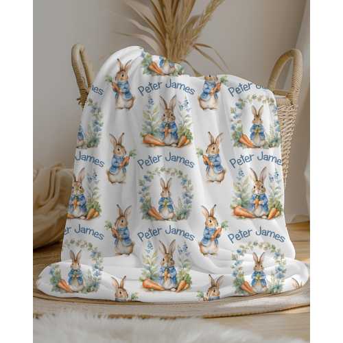 Personalized Rabbit Baby Boy Blanket, Custom Name Crib Blanket, Swaddle Set, Baby Shower Gift, Minky Fleece Sherpa, Peter Nursery Decor