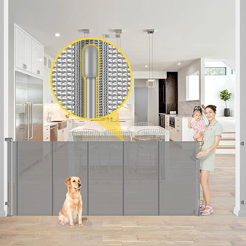 Reinforced 42” Extra Tall x 80” Wide Retractable Baby Gates with Rods to Prevent Crawling Through, Extra Tall Dog Gate for Large Openings Indoor Long Mesh Pet Gate for Stairs and Doorways, Gray