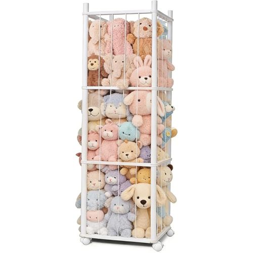 Stuffed Animal Storage Kids, Wood Stuffed Animal Zoo Storage with Brake Wheels, Stuffed Animal Organizer with Elastic Cords for Kids, Perfect for Nursery Playroom Kidroom Bedroom - White