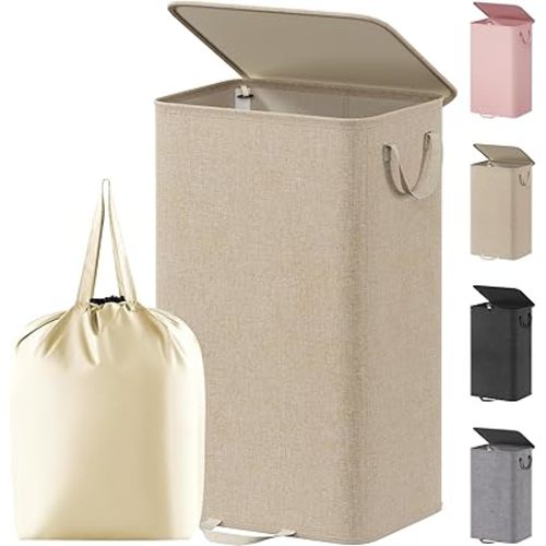 Lifewit Single Laundry Hamper with Lid and Removable Laundry Bags, Large Collapsible 1 Dividers Dirty Clothes Basket with Handles for Bedroom Laundry Room Closet Bathroom College, 100L Beige
