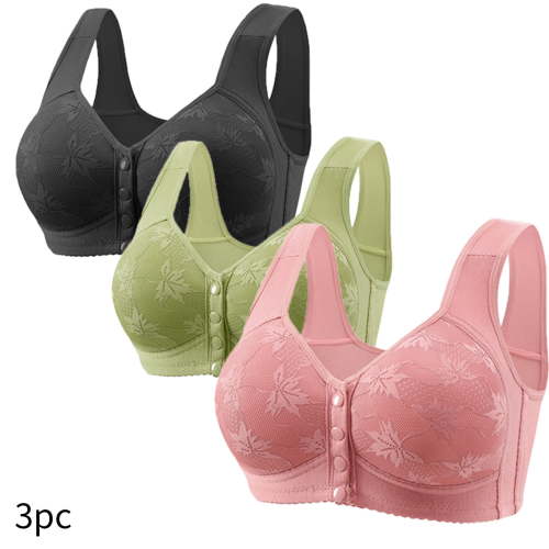 POIUYTR 3Pack Daisy Bra for Seniors, Front Snap Closure Bras for Women Full Coverage Easy Close Bra for Mom Grandma