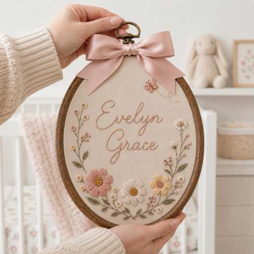 Personalized Pink Wildflower Baby Name Hoop, Custom Embroidered Floral Nursery Wall Art, Baby Girl Birth Announcement Sign