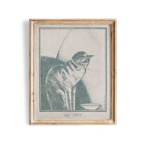 Half Empty | Vintage Cat Art Print | Rustic Cat Wall Decor | Unique Wall Art