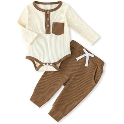 Newborn Baby Boy Girl Clothes Ribbed Knit Cotton Long Sleeve Romper Long Pant Preemie Solid Color Unisex Outfits