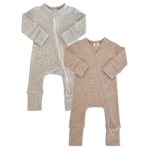 Heather & Tan Speckle / 2-Way Zip Rompers 2-Pack
