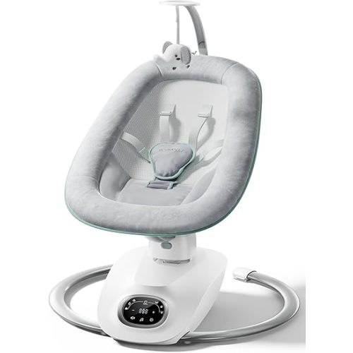 Momcozy CocoSway 3D-Motion Baby Swing for Infants to Toddlers, 6 Motion Modes & 4 Speeds, 180° Rotating Seat, Remote Control, Reclining Seat with 5-Point Harness, 8 Preset Lullabies, Grey