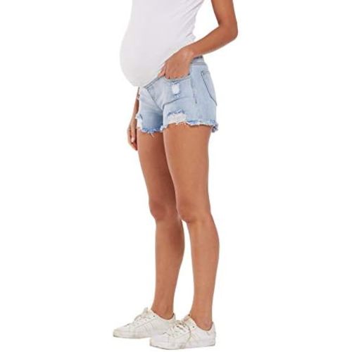 V VOCNI Maternity Jean Shorts Women's Maternity Indigo Blue Mom Tassel Secret Underbelly Denim Shorts