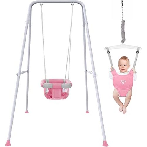 2 in 1 Baby Jumper with Swing - Indoor and Outdoor Use, Toddler Swing with Foldable Stand （Pink）