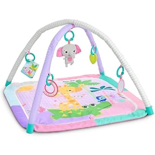 Bright Starts Wild Wiggles Sweet Safari Foldaway Baby Play Gym & Mat, Foldable with 5 Removable Toys, Machine-Washable Mat, for Ages 0-36 Months
