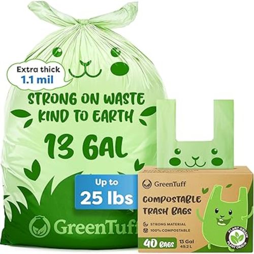 13 Gallon Compostable Trash Bags (40 Count) — Leakproof Plant-based Thick (1.1 Mil) Tall Kitchen Garbage Bags — ASTM D6400 BPI Certified — Heavy-Duty Large Food Scrap Liner Bag with Handle-Tie