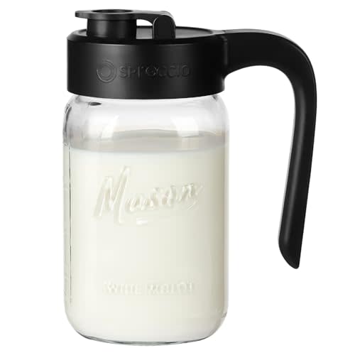 Mason Jar Pitcher, 32 oz (1 quart), Glass Pitcher with Lid | Airtight, Leak proof, Ergonomic Handle, Pour Spout Lid, Fridge Safe, for Sun Tea, Iced Tea, Cold Brew, Lemonade, Outside