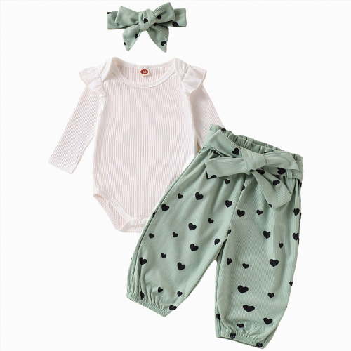 TOWED22 Newborn Infant Girl Clothing 3-Piece Outfits Set Fall Winter Long Sleeve Round Neck Graphic Print Romper Jumpsuit Pants Headband Baby Girl Clothes Set(Green,0-3 M)