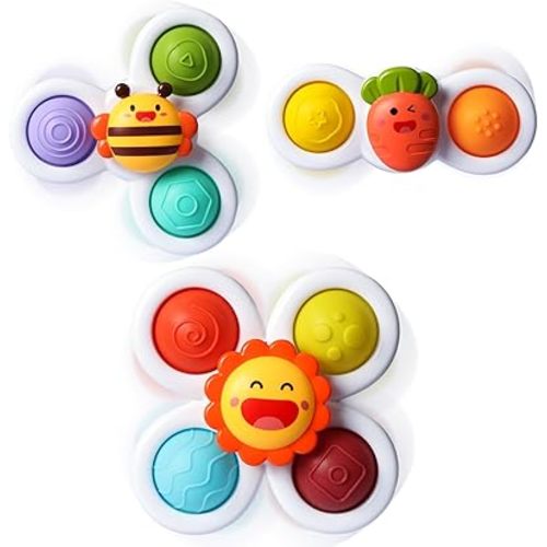 ALASOU 3PCS Pop Suction Cup Rotating Toys for 1 Year Old Boy Girl|Novelty Rotating Tops Toddler Toys Age 1-2|Sensory Baby Bath Toy for Toddlers 1-3|12 18 Months Boy Birthday Gift for Infant