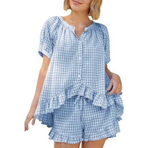 Kissonic Women Gingham 2 Piece Pajama Sets Cotton Pj Summer Outfits | Breathable Soft Fabric, Short Sleeve Babydoll Shirt, Rluffle Shorts, 2 Piece Lounge Set, Cute Pj Sets, Sleepwear, Loungerwear