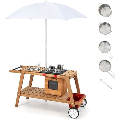 Costzon Mud Kitchen with Removable Umbrella, Wooden Play Kitchen with Wheels, Sink, Accessories, Toddler Backyard Role Play Cooking Cart, Outdoor Kids Kitchen Playset (White)