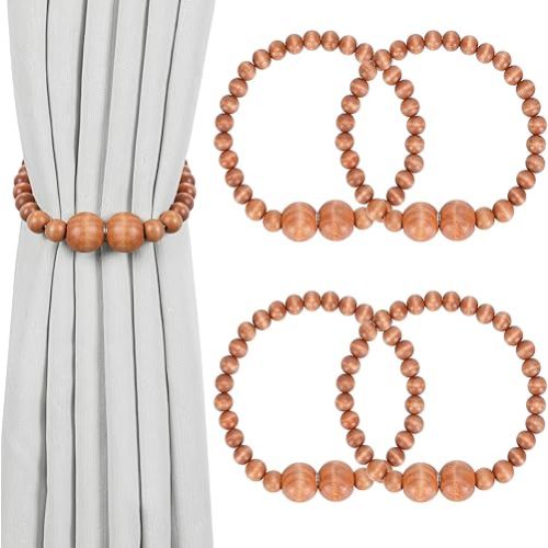 Magnetic Curtain Tiebacks, 4 Pack Curtain Holdbacks for Draperies, Wood Bead Curtain Tiebacks, Curtain Tie Backs for Bedroom Decor, Boho Room Decor, Nursery Decor, Farmhouse Decor, Office Decor