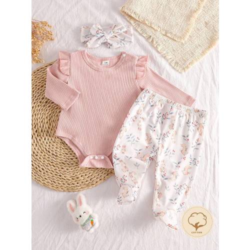 Cute Newborn Baby Girl 3 Piece Cotton Pajama Set,Light Pink Floral Long Sleeve Ruffle Bodysuit,Footed Pants & Headband,Autumn Family Matching Outfit | SHEIN
