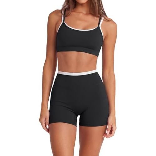 SUUKSESS 2 Piece Workout Sets Layered Sports Bra Yoga Gym Biker Shorts