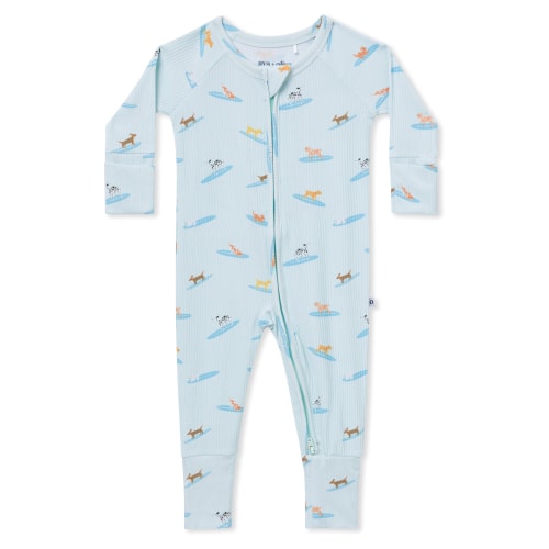 Ava & Oliver Zip Romper - blue surfing dogs ribbed