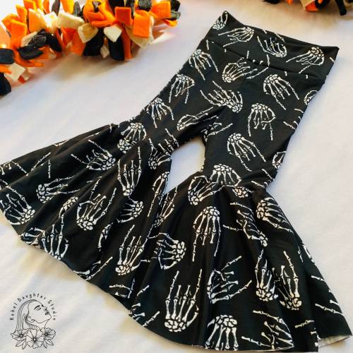 Skeleton Hands Halloween Baby & Toddler Bell Bottoms | Black and White Pants, Bones | Toddler Halloween Outfit | Spooky Babe | Flared Pants