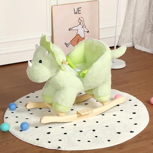 KEIKI Dinosaur Ride-On Rocking with Lullaby Song, Hand Puppets, Safety Belt, Plush Rocking Horse for Ages 1-3, Interactive Kids Rocker, Green