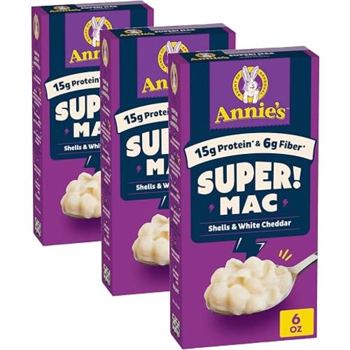 Annie's Super! Mac, Protein Macaroni And Cheese Dinner, Shells & White Cheddar, 6 oz. (Pack of 3)