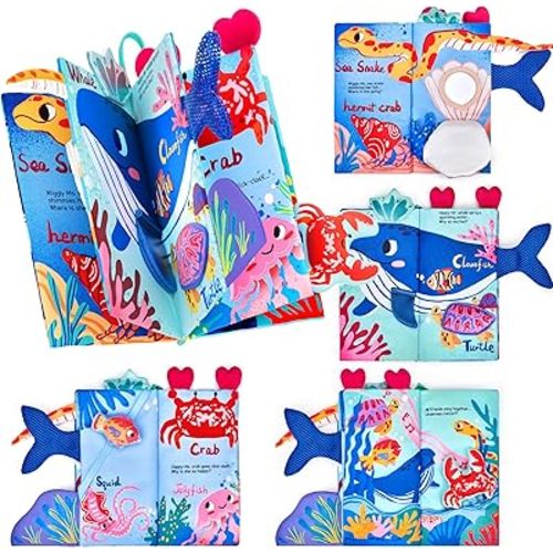 JoyCat Baby Books 0-6-12 Months - Ocean Tummy Time Toys Mirror - Montessori Sensory Activity Cloth Book with 3D Crab & Fish - Newborn Valentine Easter Basket Stuffers