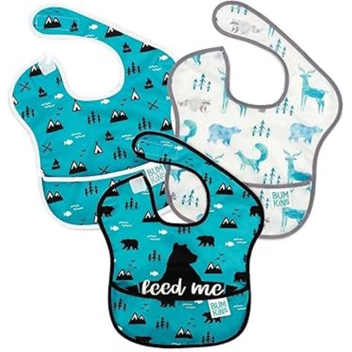 Bumkins Bibs for Girl or Boy, SuperBib Baby and Toddler for 6-24 Months, Essential Must Have for Eating, Feeding, Baby Led Weaning Supplies, Mess Saving Catch Food, 3-pk Outdoors and Wildlife
