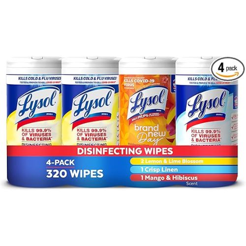 Lysol Disinfecting Wipes Bundle, Home Apartment Dorm Room Essentials and Cleaning Supplies, All Purpose Cleaner, Multi-surface Cleaning Wipes, Multi-Scent Sanitizing Wipes Bundle, 80 Count (4pk)