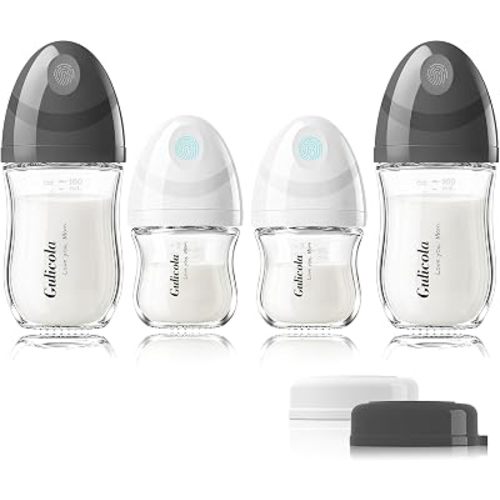 Gulicola Natural Glass Baby Bottles Set 4 Pack, Newborn Boy Breastfeeding Bottles with Slow Flow Nipples, 0 Months+, 3 oz & 5 oz - Black/White