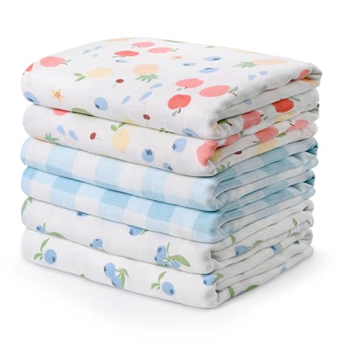 GLLQUEN BABY Receiving Blanket Boy Cotton Muslin Swaddle Blankets Girl Newborn Squares Breathable & Soft Thin Baby Blankets Cloths Double Absorbent Infant Swaddling Wrap - 6 Pack (Azure Berry Dream)