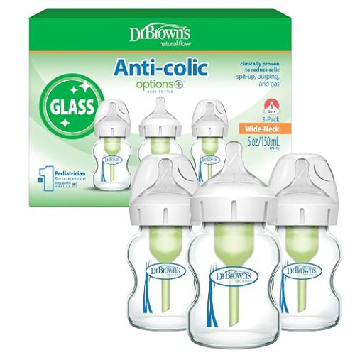Dr. Brown's Anti-Colic Options+ Wide-Neck Glass Baby Bottle, 5 oz, 3-Pack