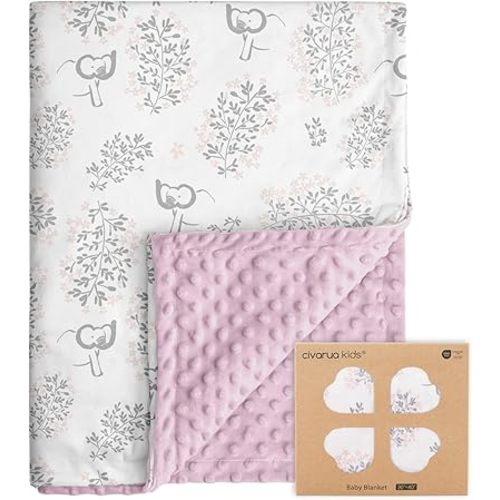 Baby Blankets for Girls Soft Plush Nursery Minky Blanket Neutral with Print Pink Forest Elephant and Cozy Raised Dotted Fleece Backing, 30 x 40 Inch Double Layer Bed Throws