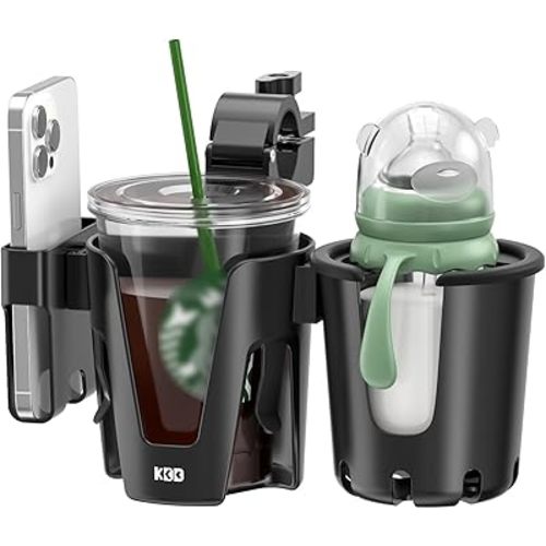 KDD Stroller Cup Holder with Phone Holder, 3-in-1 Removable Bottle Holder, 360 Degrees Rotation Drink Holder for Wheelchair, Stroller, Bike, Walker, Scooter, Bicycle, Uppababy, Bugaboo, Britax