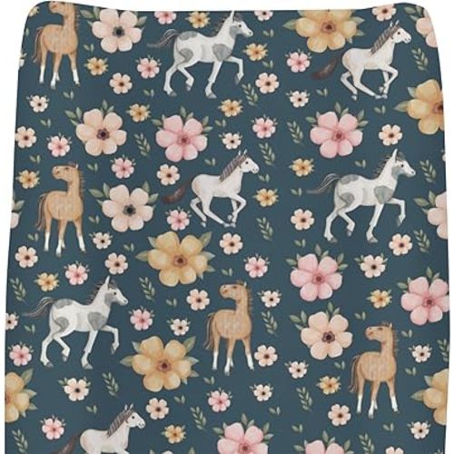 Watercolor Horse Floral Baby Changing Pad Covers for Boy Girl Running Horses Boho Flowers Fitted Changing Table Mats Wild Animals Soft Diaper Change Table Sheets for 32''×16'' Contoured Pad Navy