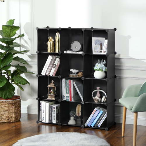 12 Cube Storage Organizer Modular Storage Cube Bookshelf DIY Plastic Closet Storage Shelves for Home Office Bedroom Black