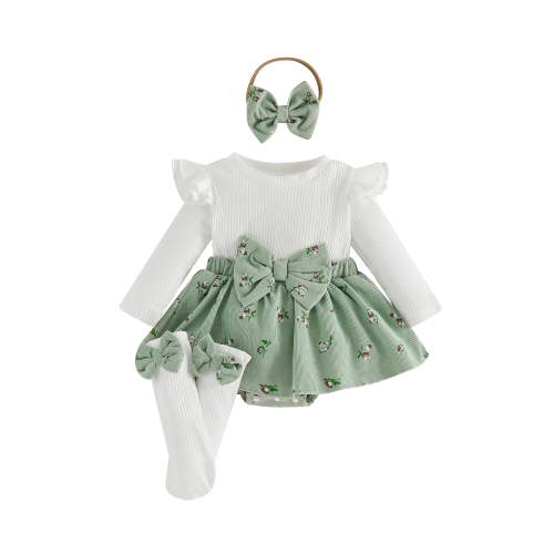 Loicainy Newborn Baby Girls Summer Romper Dress 3 6 9 12 Months Long Sleeve Skirt Jumpsuit Long Socks Headband Clothes Set