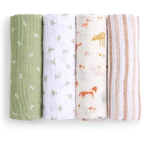 aden + anais Essentials Cotton Muslin Swaddle, Breathable Baby Blanket, Ideal for Boys, Girls, Newborns, Babies & Infants, Receiving Blanket, Soft and Lightweight Wrap, 4 Pack, Sage Woodland