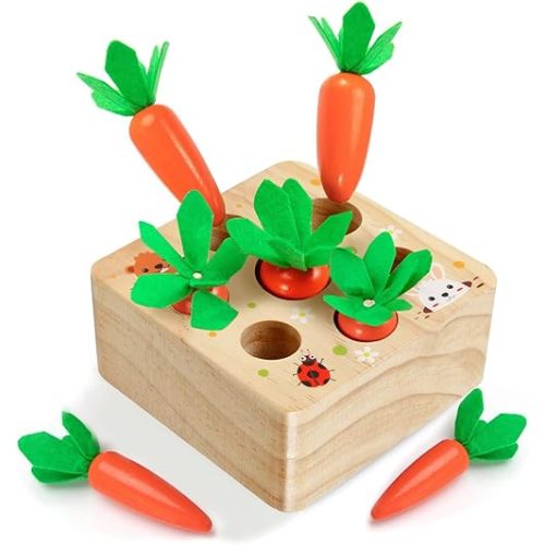 Montessori Toys for 1 Year Old, Montessori Baby Carrots Toy for 6-18 Months, Educational Wooden Carrot Harvest Game for Shape Sorting & Easter Toys, Birthday Easter Gifts for Babies Boys Girls
