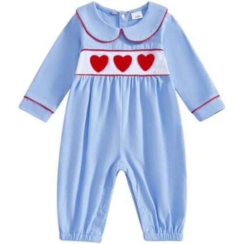 Suolongsama Newborn Baby Boy Valentines Outfit Heart Embroidery Doll Collar Romper Smocked Ruffle Jumpsuit Winter Clothes