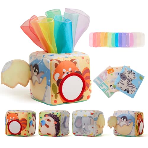 Baby Tissue Box Toy for Babies 6-12 Months - Montessori Sensory Toy | 12 Soft Scarves & 3 Crinkle Tissues | CPC Certified BPA-Free | 6-Sided Cube | Boosts Fine Motor Skills | Travel & Baby Gift
