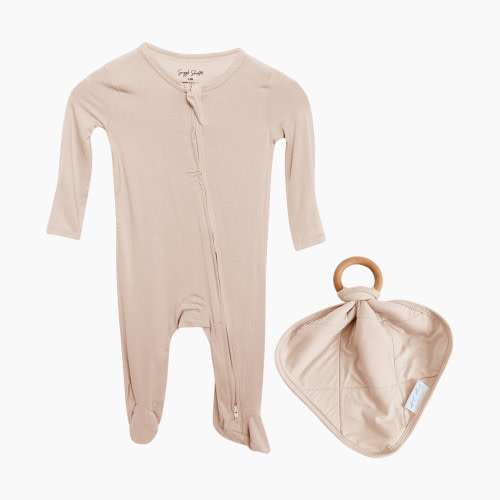 Snuggle Shield LUXE Bamboo Footed Sleeper and Lovey Teether Set - Tan Sand, 0-3 M
