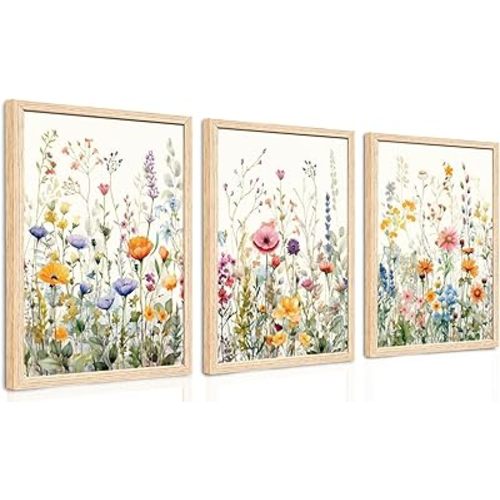 WRFON Framed Wildflower Canvas Wall Art Set of 3, Watercolor Botanical Floral Paintings, Soft Meadow Flower Artwork for Bedroom Living Room Bathroom Home Decor 16x24 Inch Each