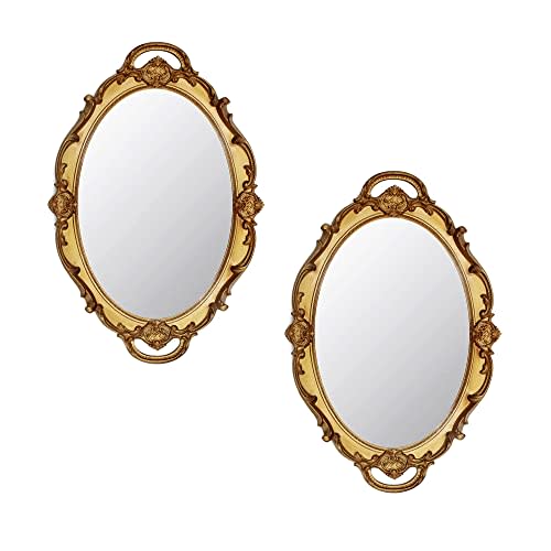 Eaoundm 14.5 x 10 inchs Oval Antique Decorative Wall Mirror Vintage Hanging Mirror (Gold 2 Pcs)