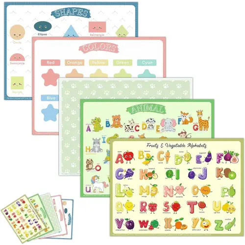Disposable Placemats for Baby & Toddlers – Sticky Table Mats for Restaurants, Dining Table, Preschool & Parties – 5 Fun Designs Animal, Fruit, Alphabet, Star & Shape – 40-Pack, 12x16 Inches