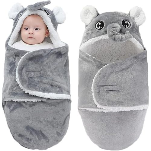 Winmany Baby Hooded Fleece Swaddle Blanket Newborn Fannel Cartoon Receiving Blanket Soft Plush Sleeping Bag Sack Stroller Wrap for Infants Girl Boy 0-6Months (Grey Elephant, 0-3Month)